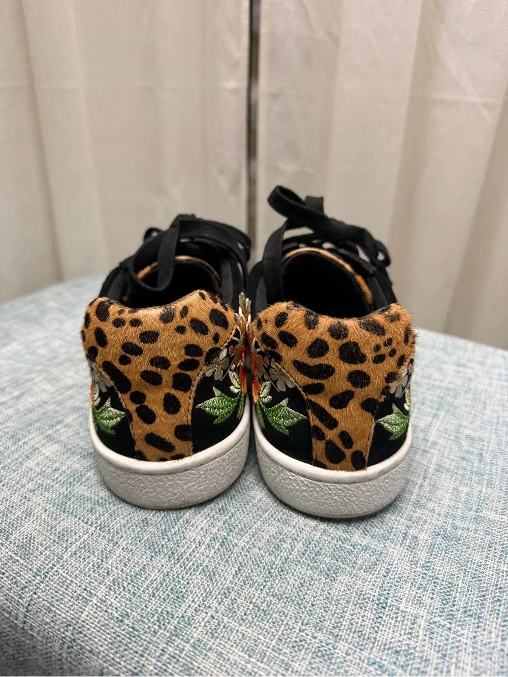 Johnny Was Black Sneakers with Leopard Toe and Pink Floral Embroidery